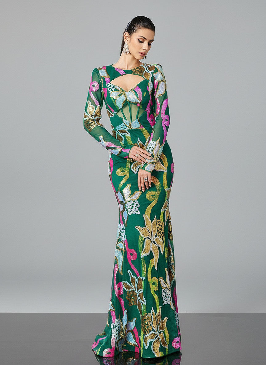 Manches longues Corset Découpe Florale Robe de soirée