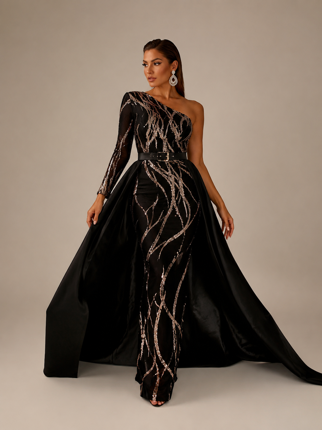 Une épaule Cape Paillettes Robe de bal