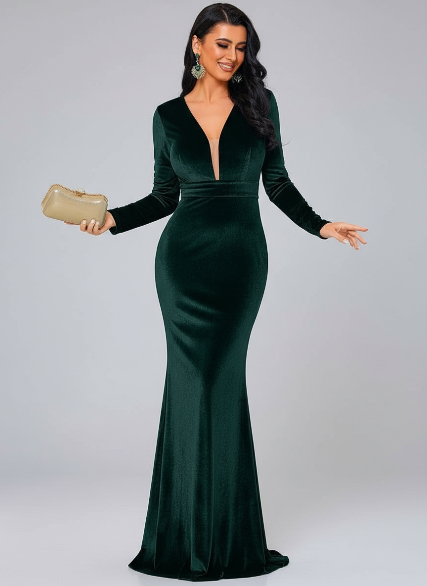 Manches longues Velvet Green Robe de soirée