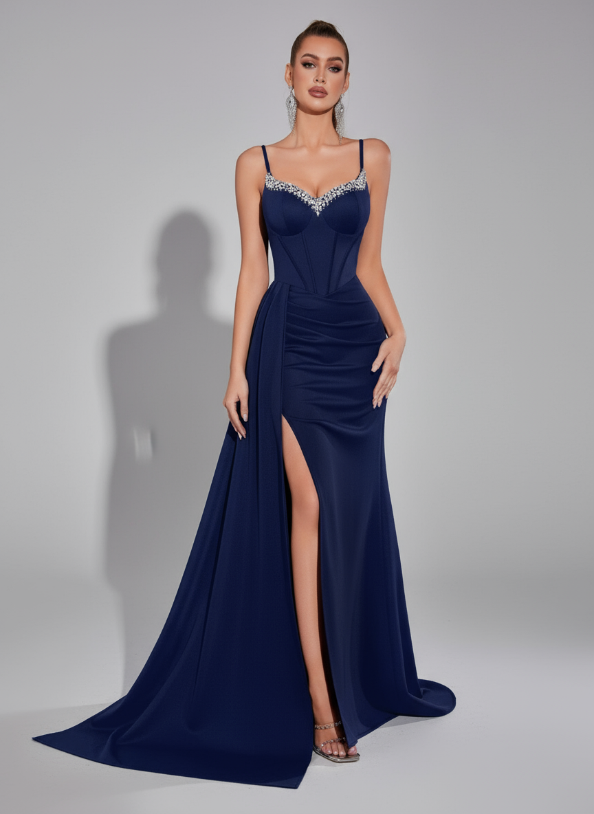 Navy Sweetheart Neck Corset Split Robe de soirée