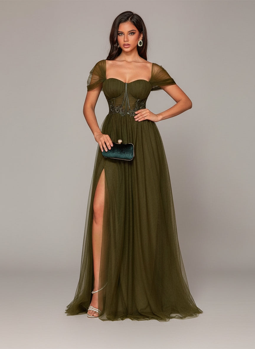 Col carré Corset Split Mesh Robe de bal