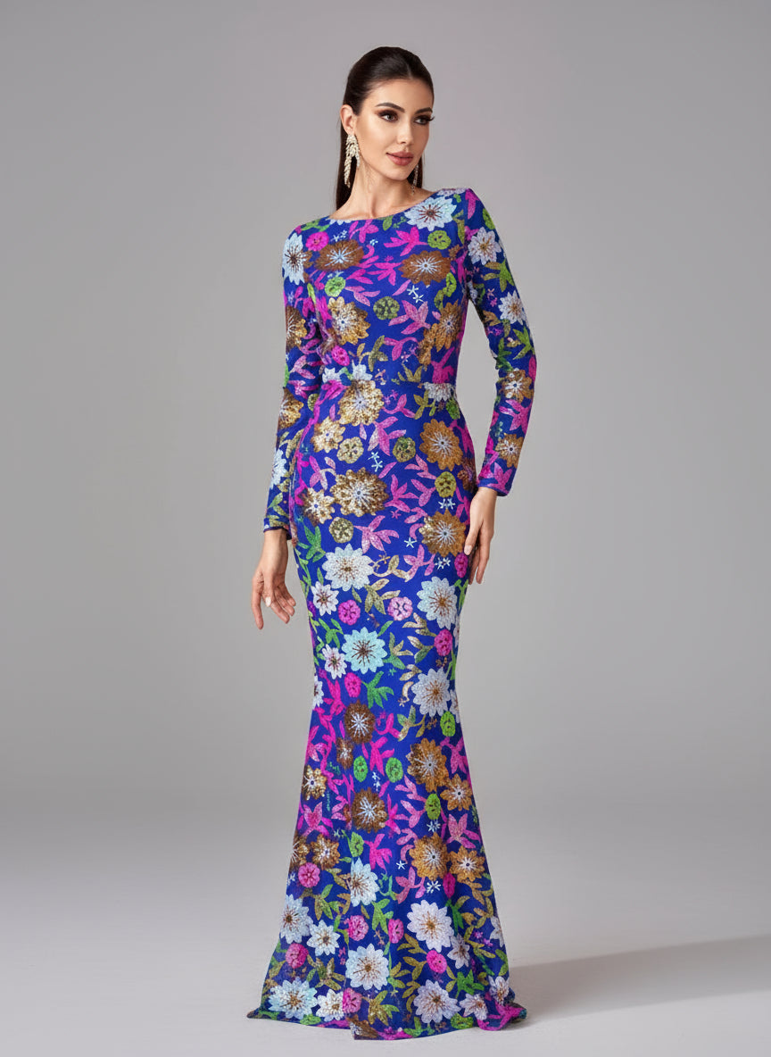 Crew Neck Florale Paillettes Dress