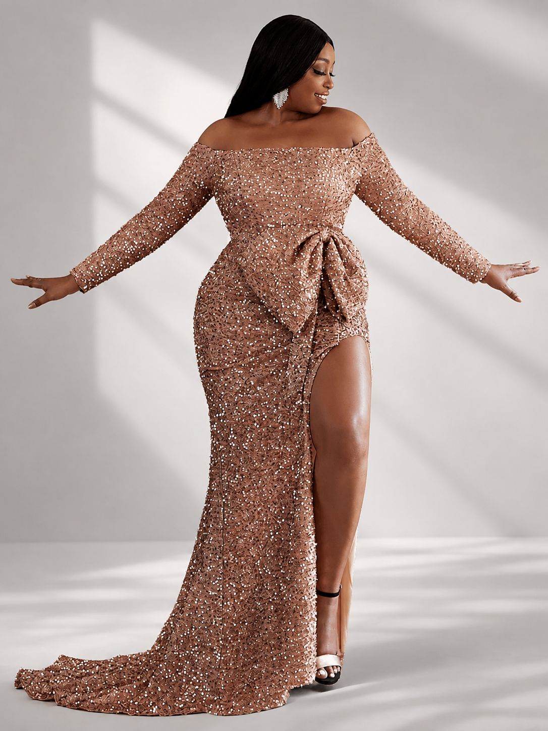 Grande taille Épaules dénudées Nœud Longue fendue Robe de soirée
